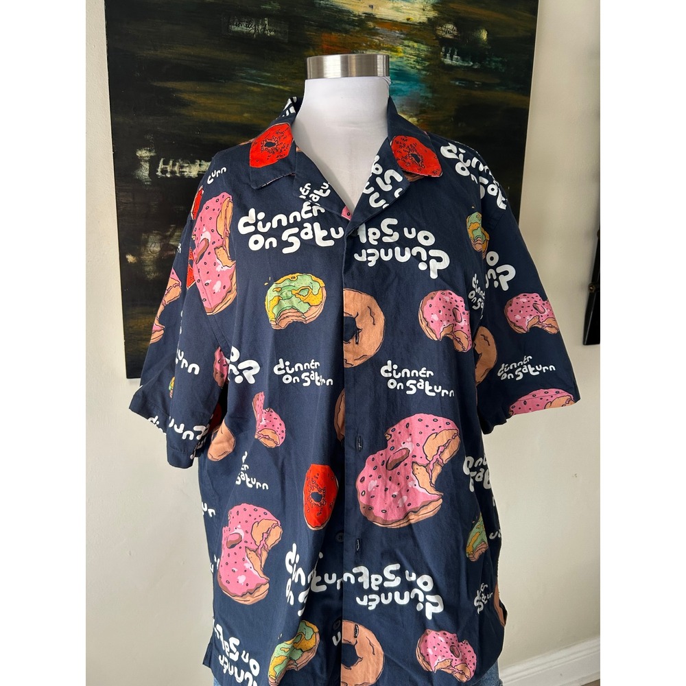 Zara Button Down Shirt XL Navy Blue Dinner On Saturn Donut Print